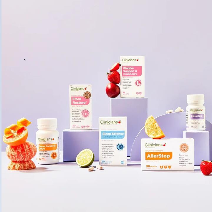 A range of health supplements and products from Clinicians, featuring vitamins, minerals, and other natural ingredients for optimal wellness.
