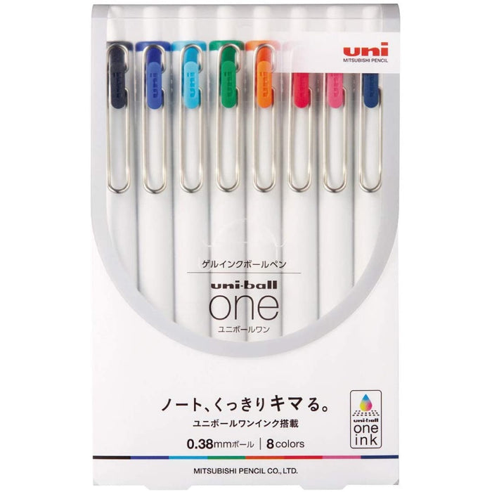 Pack of Uni-ball One ink pens with colored caps on a white background