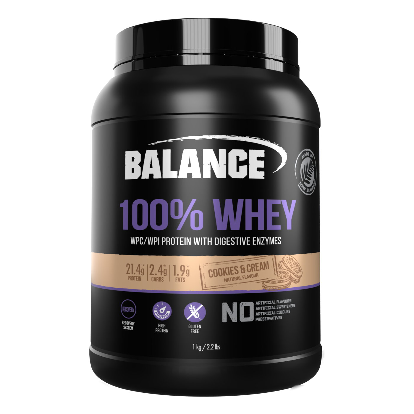 Balance 100% Whey WPC/WPI Protein with Digestive Enzymes Gluten Free - Cookies & Cream 1kg