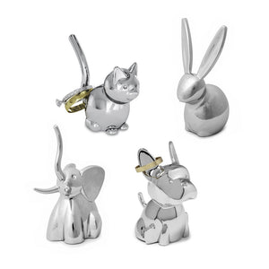 Umbra Zoola Ring Holder animal figures in shiny chrome finish for stylish jewellery storage.