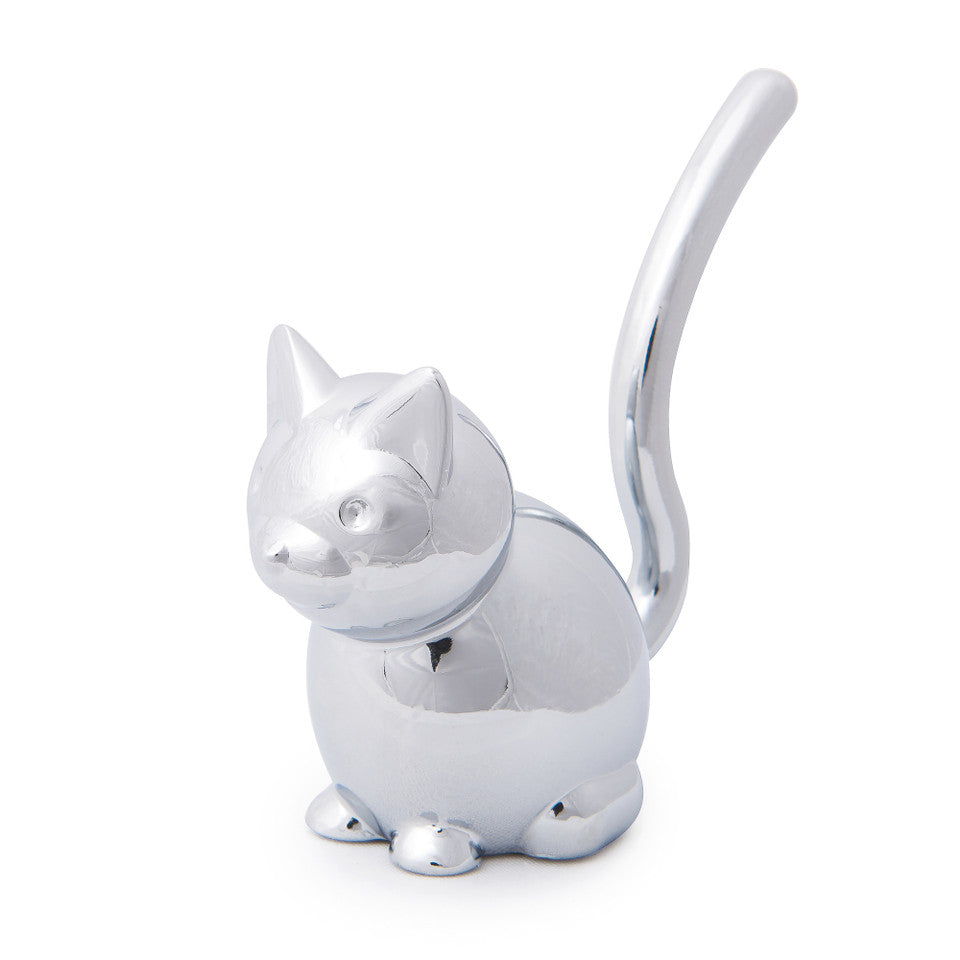 Umbra Zoola Ring Holder in a playful chrome-plated cat design, perfect for jewelry storage and decoration.