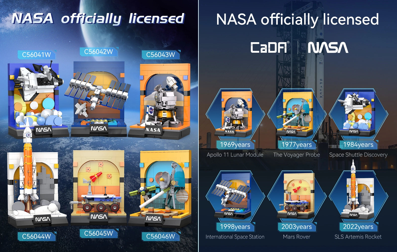 CaDA Sls Artemis Rocket Brick Model Kits featuring NASA licensed model sets and historical missions.