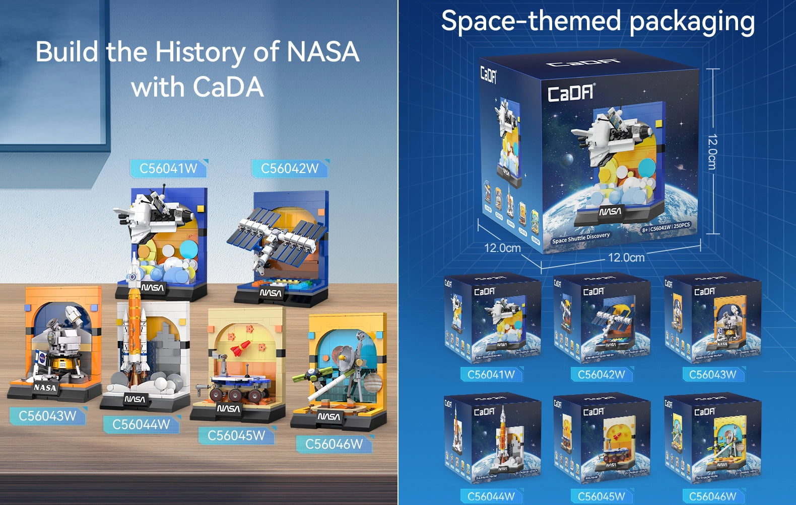 CaDA Sls Artemis Rocket Brick Model Kits displayed with space-themed packaging showcasing NASA sets.