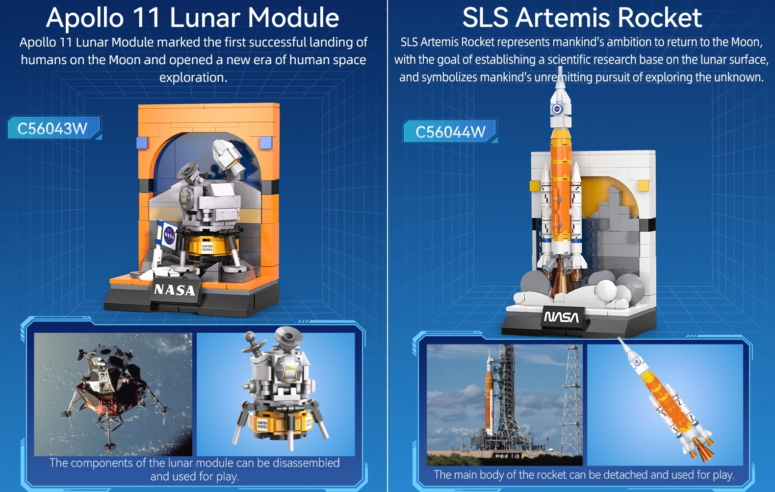CaDA Sls Artemis Rocket Brick Model Kits showcasing Apollo 11 Lunar Module and SLS Artemis Rocket for educational play.