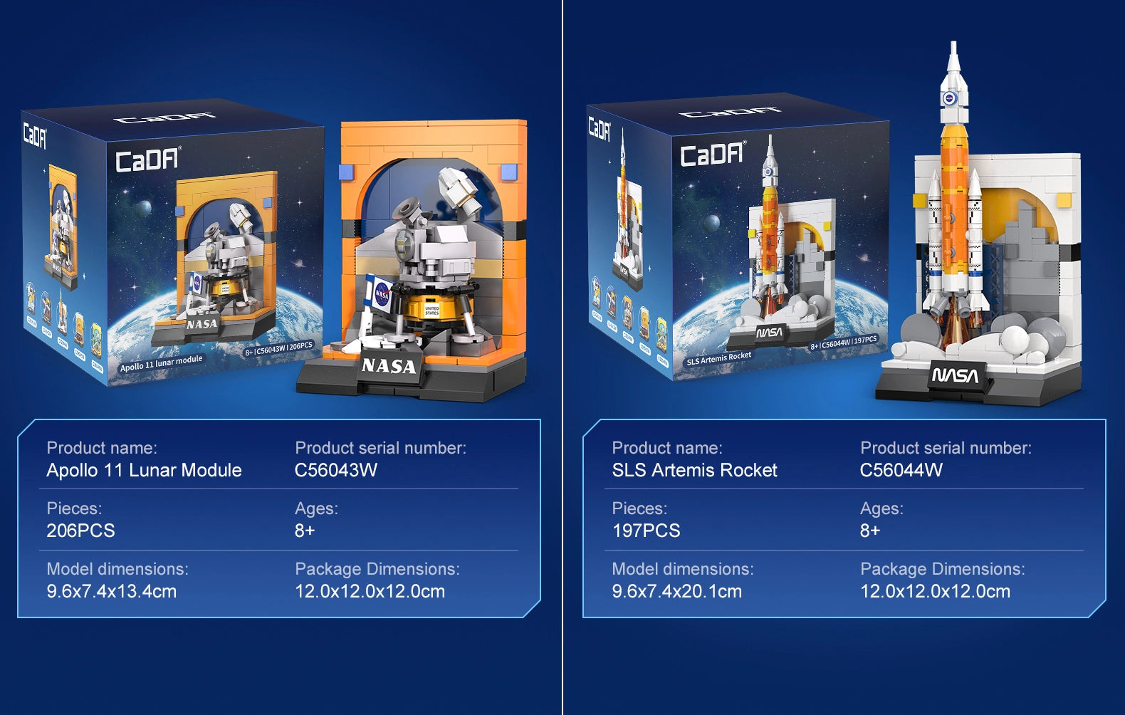 CaDA Sls Artemis Rocket Brick Model Kits displayed alongside Apollo 11 Lunar Module, showcasing NASA-inspired designs.