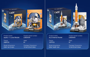 CaDA Sls Artemis Rocket Brick Model Kits displayed alongside Apollo 11 Lunar Module, showcasing NASA-inspired designs.