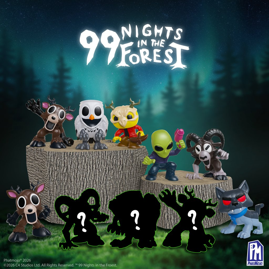 99 Nights in the Forest Mystery Mini Figure Blind Bag collection featuring various characters on a log.