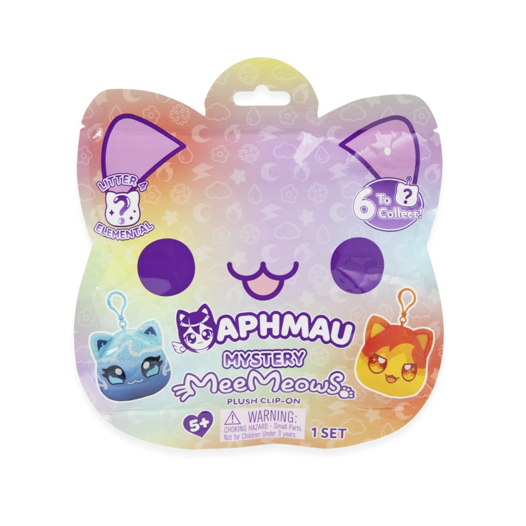 Aphmau Mystery MeeMeows Catface Plush Clip-Ons Series 4 Elemental Blind Bag packaging, featuring cute cat designs.