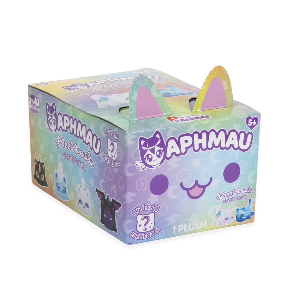 Aphmau Mystery Meemeows Series 8 Elemental Plush Blind Box with colorful design and cat ears.