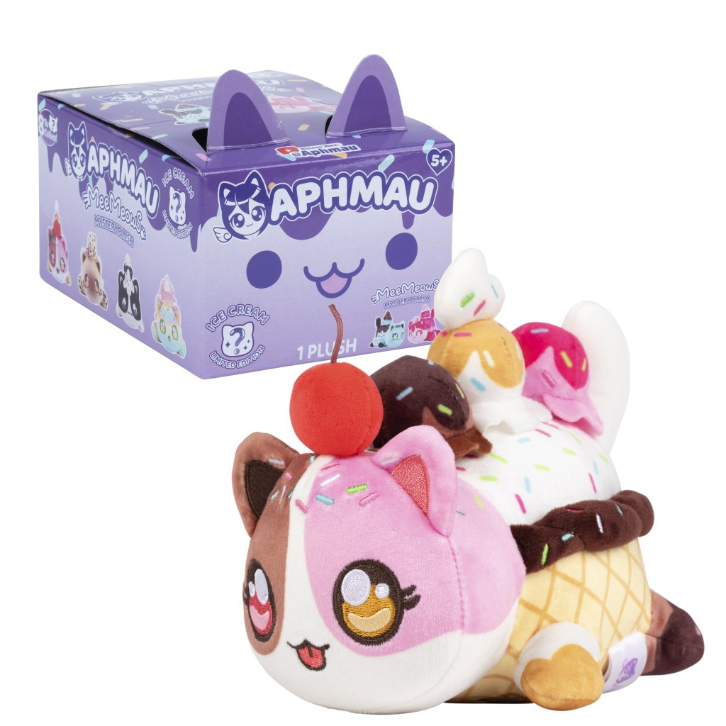 Aphmau Mystery MeeMeows Ice Cream Series Plush Blind Box featuring a cute cat plush on an ice cream cone.