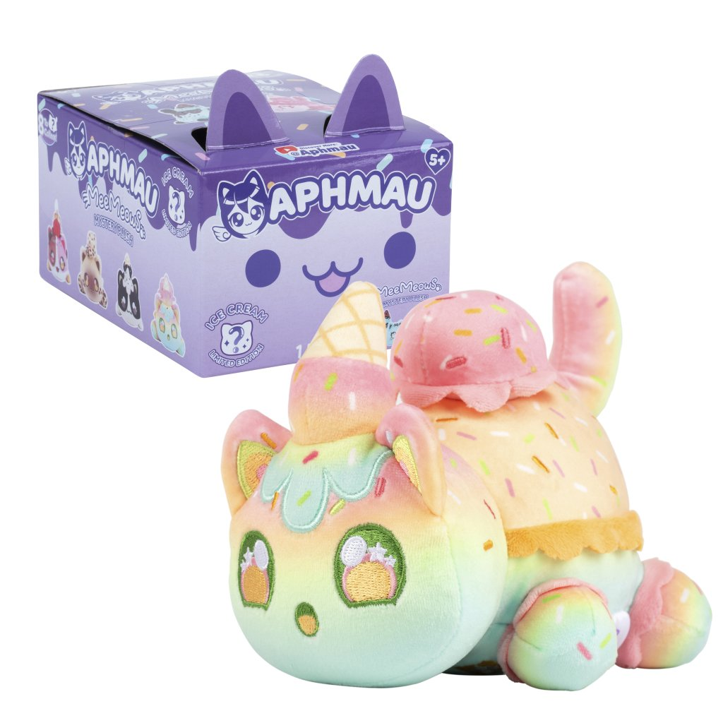 Aphmau Mystery MeeMeows Ice Cream Series Plush Blind Box with colorful plush cat.