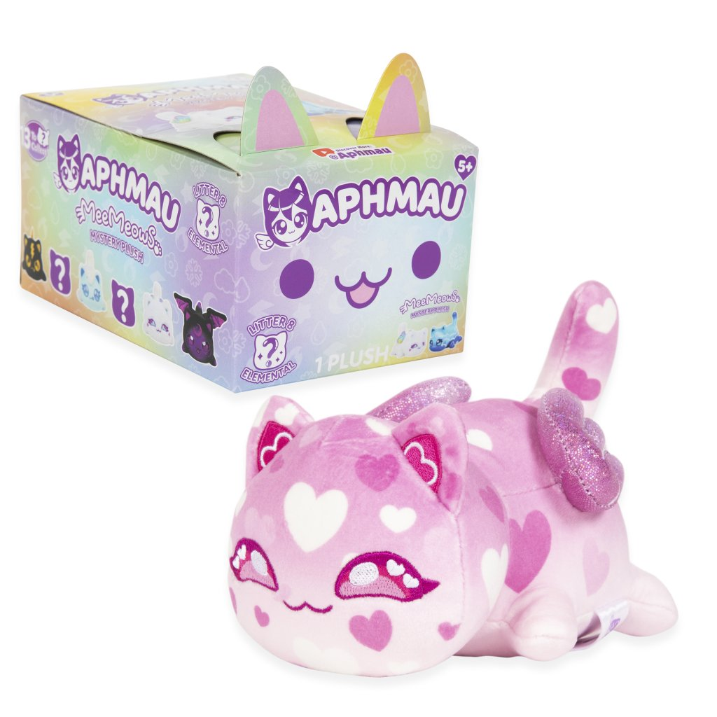 Aphmau Mystery Meemeows Series 8 Elemental Plush Blind Box featuring a cute pink plush cat with hearts.