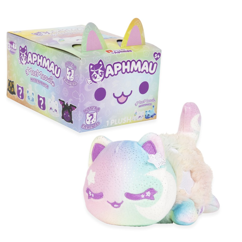 Aphmau Mystery Meemeows Series 8 Elemental Plush Blind Box featuring a colorful plush toy and its packaging.