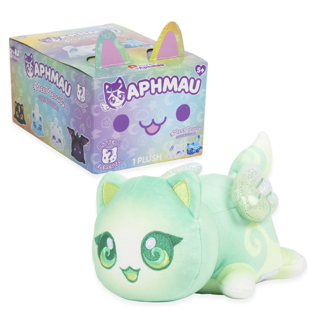 Aphmau Mystery Meemeows Series 8 Elemental Plush Blind Box featuring a cute green plush with sparkly wings.