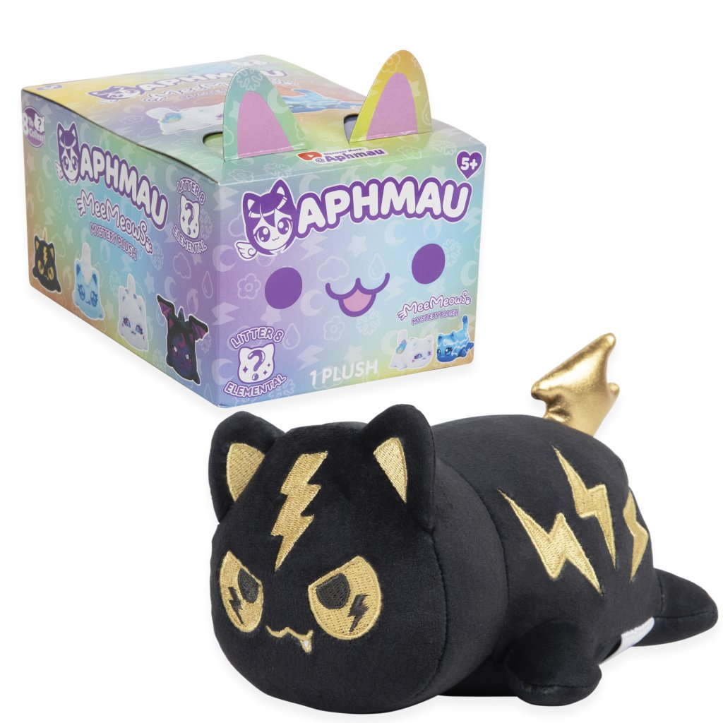 Aphmau Mystery Meemeows Series 8 Elemental Plush Blind Box featuring a cute black plush with gold accents.