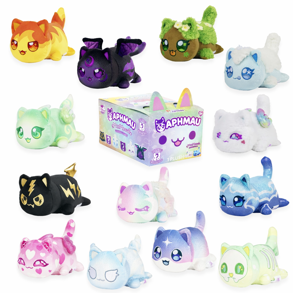 Aphmau Mystery Meemeows Series 8 Elemental Plush Blind Box with various cute plush figures.