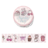 A roll of decorative washi tape with a pink striped background and cute illustrations, shown with a sample strip unrolled below. The design includes a teddy bear with a heart, cherries, a cake slice, a rabbit, a bow, a cupcake, and a teddy bear sitting on the right.
