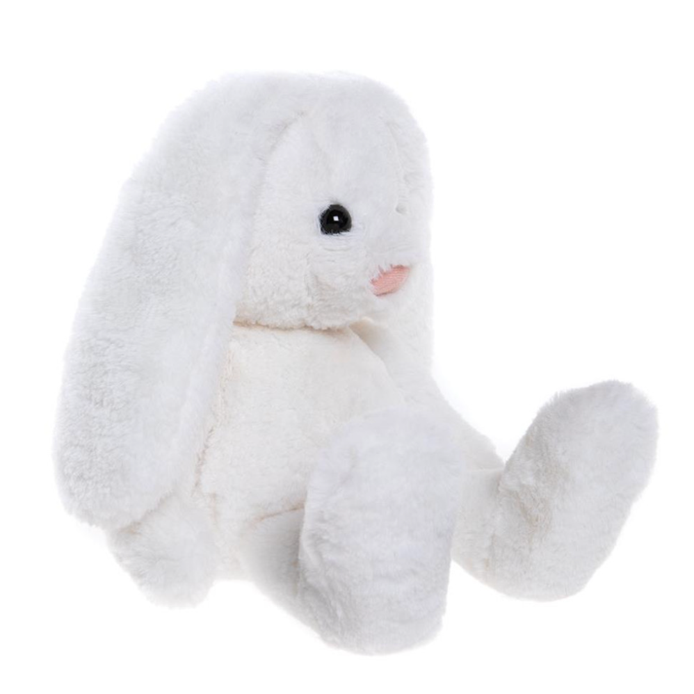 Adorable snowy white lop-eared plush bunny from Charlie Bears, perfect for cuddles and play in the Bear & Me collection.