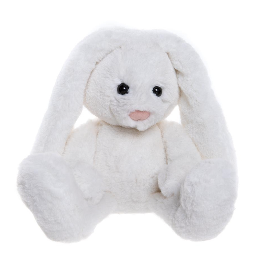 Adorable snowy white plush bunny with lop ears, perfect for cuddles and companionship from Charlie Bears.