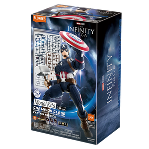 Blokees Marvel Infinity SAGA - Captain America Champion Model Kit packaging featuring Captain America with shield and Mjolnir.