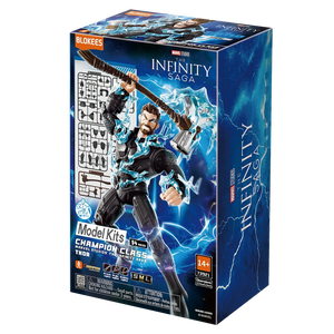 Blokees Marvel Infinity SAGA - Thor Champion Class Model Kit packaging featuring Thor with Stormbreaker and lightning effects.