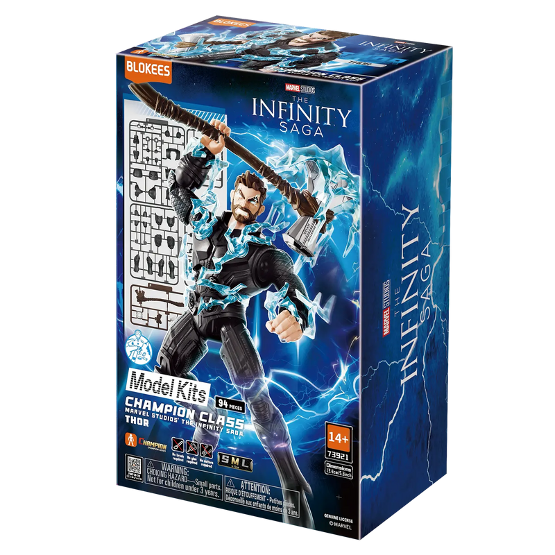 Blokees Marvel Infinity SAGA - Thor Champion Class Model Kit packaging featuring Thor with Stormbreaker and lightning effects.