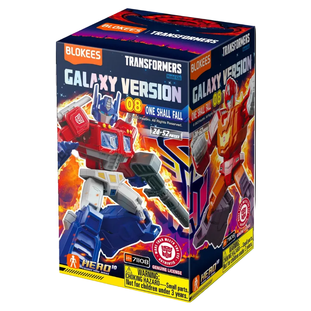 Blokees Transformers Galaxy Version 08 One Shall Fall toy building block set in its retail packaging, featuring Optimus Prime and a red and orange robot on a fiery space-themed box.