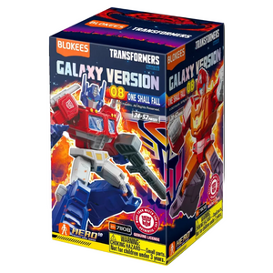 Blokees Transformers Galaxy Version 08 One Shall Fall toy building block set in its retail packaging, featuring Optimus Prime and a red and orange robot on a fiery space-themed box.