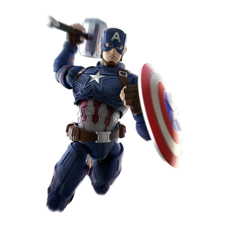 Blokees Marvel Infinity SAGA - Captain America Champion Model Kit in dynamic action pose with shield and Mjolnir.