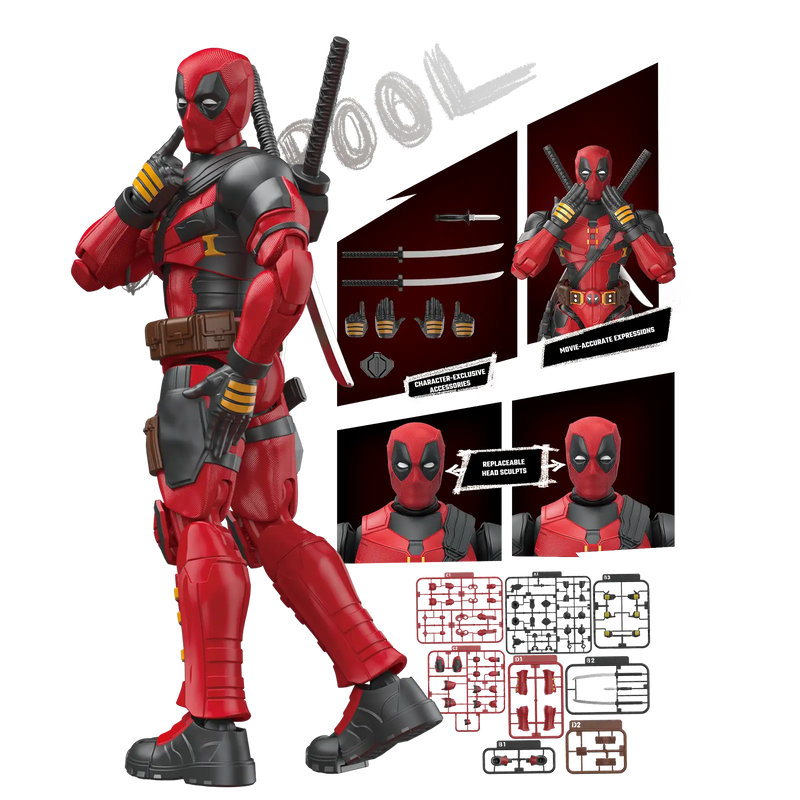 Blokees Marvel Infinity SAGA - Deadpool Champion Class Model Kit showcasing detailed features and accessories.