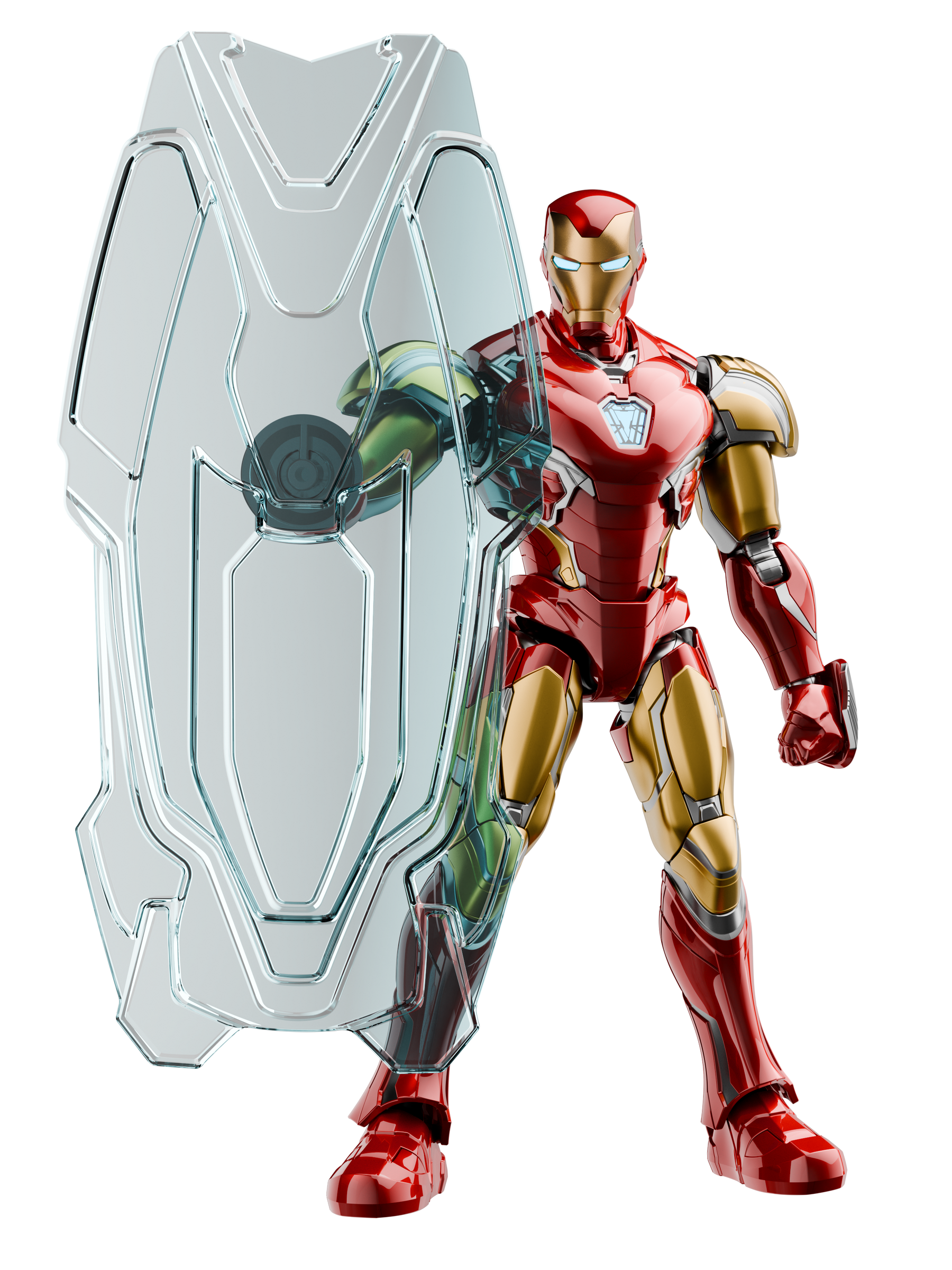 Blokees Marvel Infinity SAGA - Iron Man MK85 EX Model Kit showcasing premium metallic finish and shield accessory.