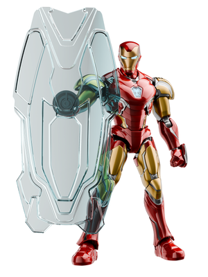 Blokees Marvel Infinity SAGA - Iron Man MK85 EX Model Kit showcasing premium metallic finish and shield accessory.