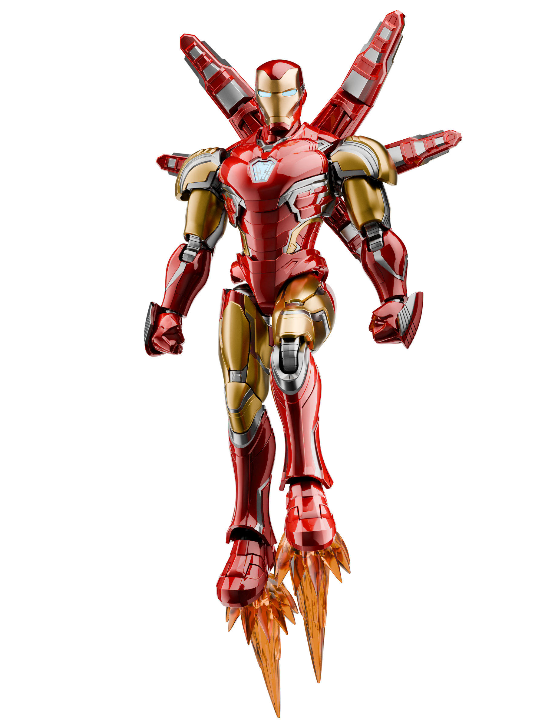 Blokees Marvel Infinity SAGA - Iron Man MK85 EX Model Kit in dynamic flying pose with metallic finish and detailed accessories.