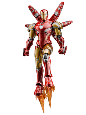 Blokees Marvel Infinity SAGA - Iron Man MK85 EX Model Kit in dynamic flying pose with metallic finish and detailed accessories.