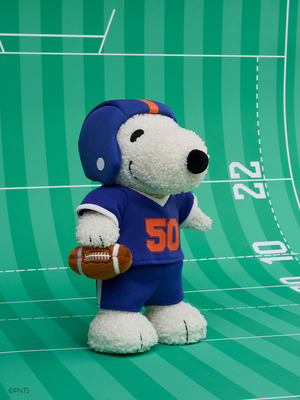 Bon Ton Toys Peanuts American Football Snoopy dressed in sporty outfit with football on a green field backdrop.