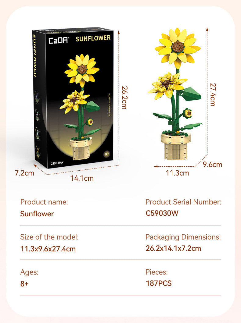 CaDA Building Block Flower Bonsai - Sunflower model with yellow flowers and green stems in packaging, dimensions shown.