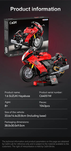 Red motorcycle model and packaging with product information on a dark background