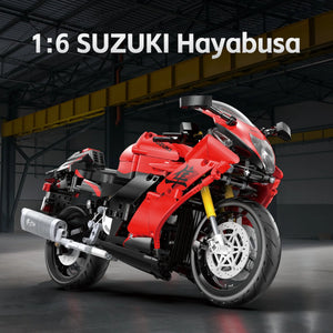 Model of a red Suzuki Hayabusa motorcycle in a warehouse setting