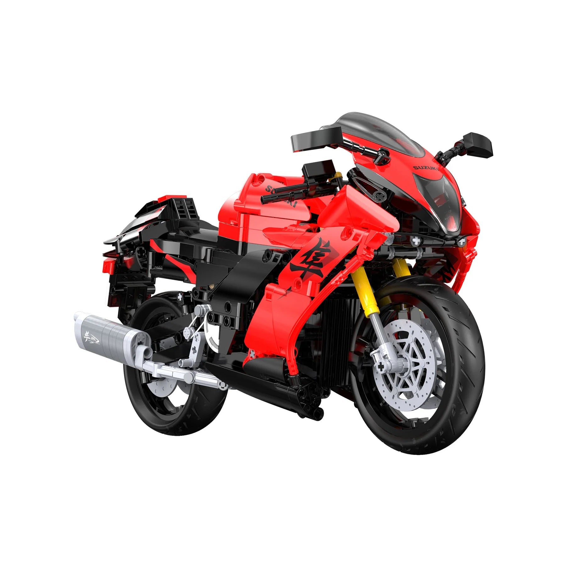 Red and black motorcycle model made of interlocking bricks on a white background