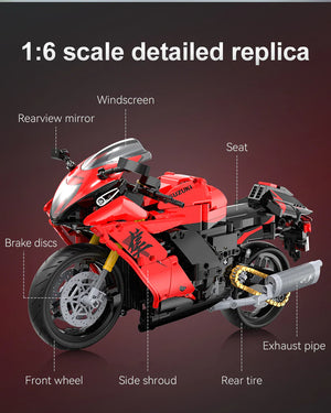 Red and black motorcycle model with labeled parts on a dark background