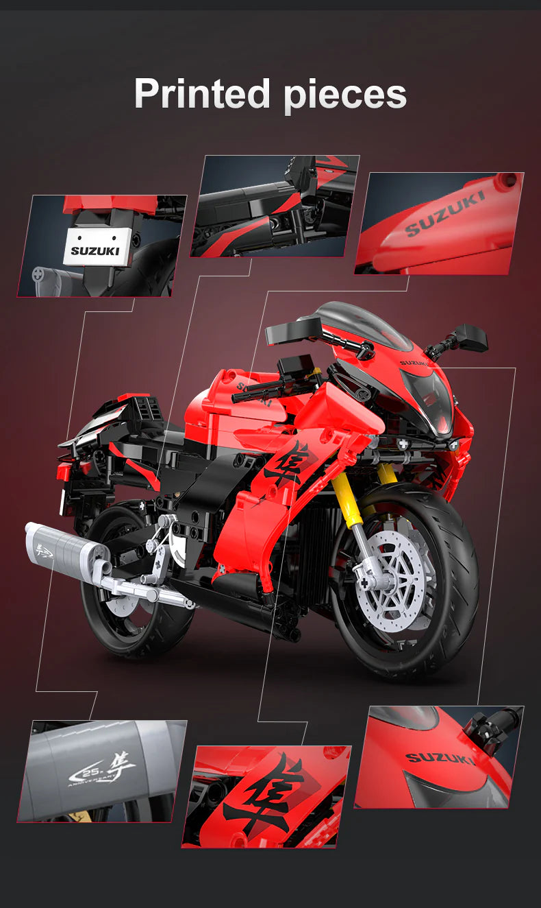Red motorcycle model with printed pieces displayed on a dark background