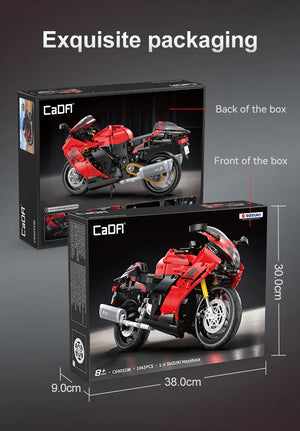 CaDA motorcycle model packaging with front and back views on a dark background