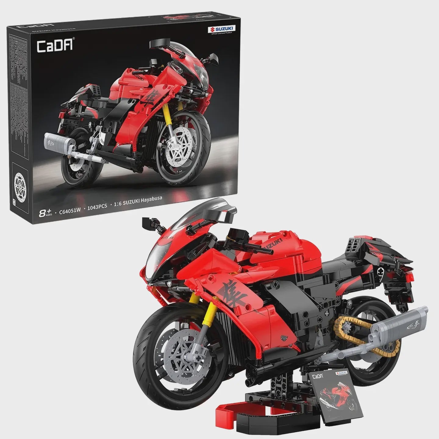 Red motorcycle model and packaging with CaDA branding on a white background