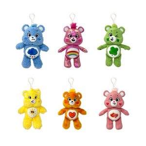 Care Bears Clip On Plush Keychain Blind Box featuring iconic mini plush characters in vibrant colors.