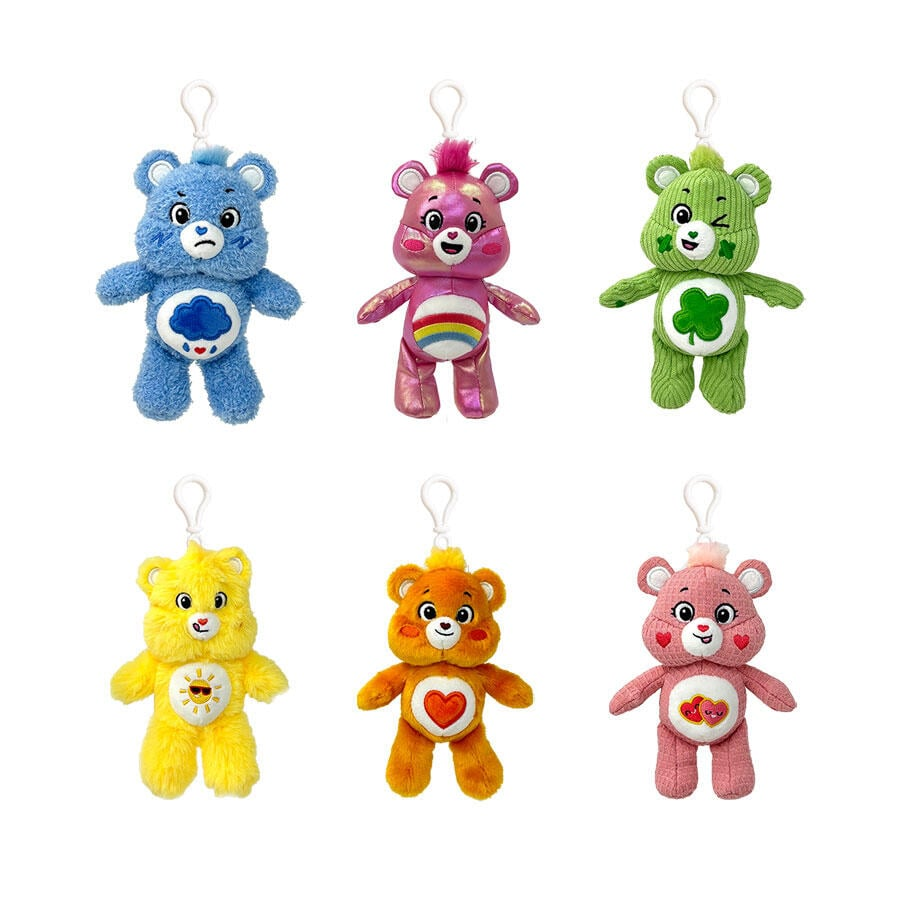 Care Bears Clip On Plush Keychain Blind Box featuring iconic mini plush characters in vibrant colors.