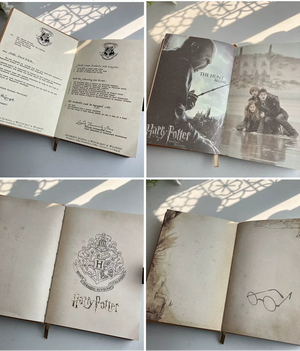 Collage of a Harry Potter-themed book with open pages and a cover featuring characters.