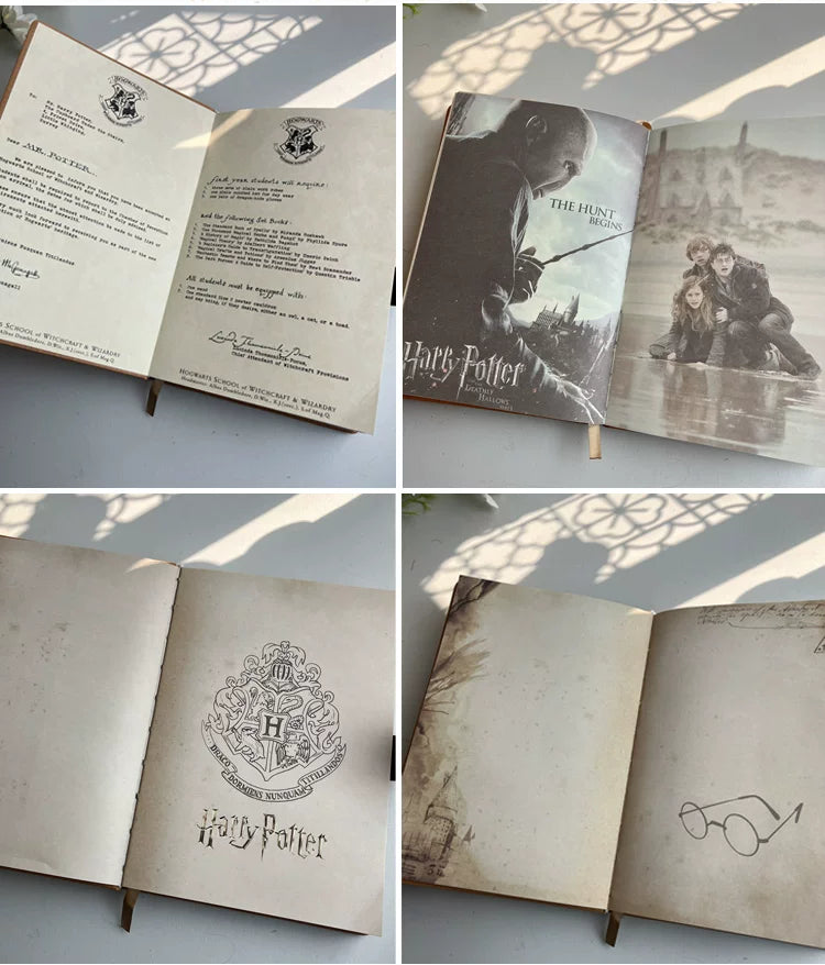 Collage of a Harry Potter-themed book with open pages and a cover featuring characters.