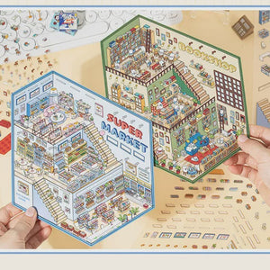 Two hands hold up two hexagonal, illustrated cardboard puzzle boards showing detailed isometric scenes of a supermarket and a shopping mall, surrounded by many small flat puzzle pieces on a beige surface.