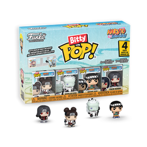 Funko Bitty Pop! Naruto - Naruto 4PK featuring Tenten, Madara, Might Guy, and Itachi Uchiha mini figures.