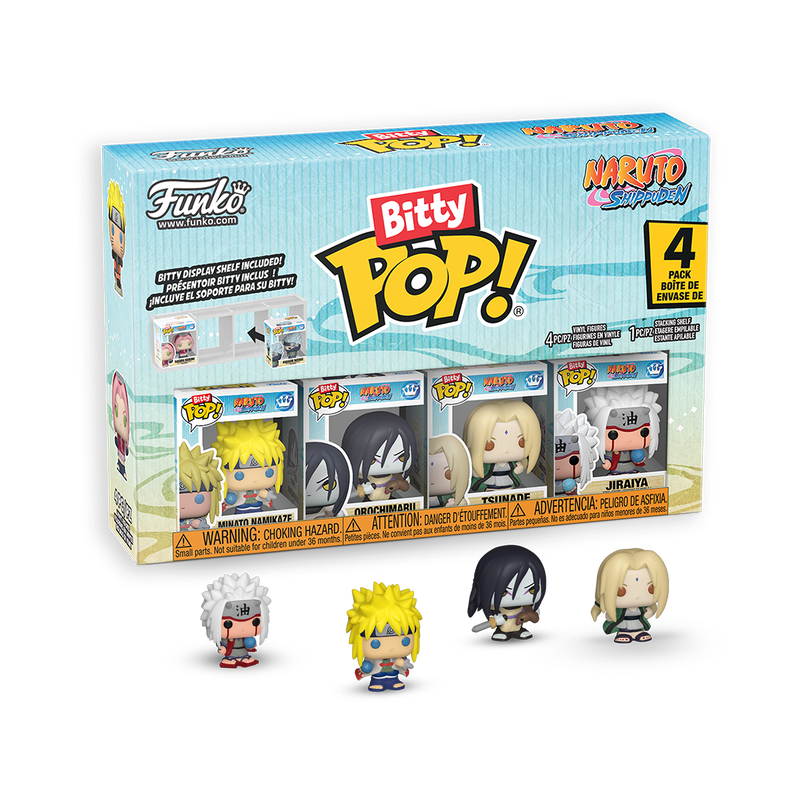 Funko Bitty Pop! Naruto - Team 2 4PK featuring miniature characters including Jiraiya and Tsunade.
